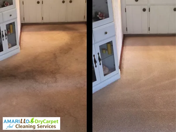 Before and After carpet cleaning in Amarillo TX by Amarillo Dry Carpet and Cleaning Services, showing dirt removal