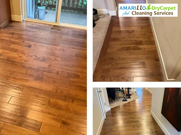 Collage showing restored wood floors after cleaning and sealing by Amarillo Dry Carpet and Cleaning Services