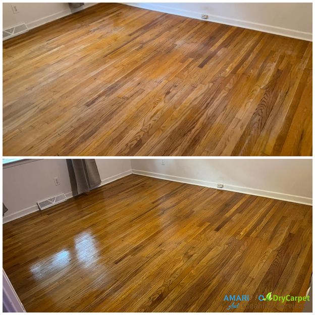 Hardwood floor with deep scratches before refinishing and restoration